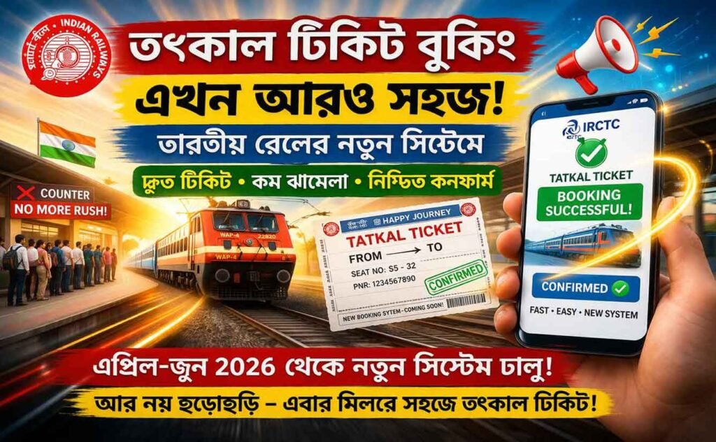 New Tatkal Ticket Booking System 2026: তৎকাল টিকিট বুকিং এখন আরও সহজ! ভারতীয় রেলের নতুন সিস্টেমে মিলবে দ্রুত কনফার্ম টিকিট 1 New Tatkal Ticket Booking System 2026: তৎকাল টিকিট বুকিং এখন আরও সহজ! ভারতীয় রেলের নতুন সিস্টেমে মিলবে দ্রুত কনফার্ম টিকিট WB SAIN BLOG