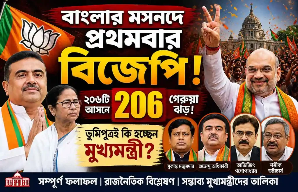 BJP Government West Bengal 2026: বাংলায় বিজেপির ঐতিহাসিক জয়: ২০৬ আসনে ক্ষমতায়, কে হচ্ছেন মুখ্যমন্ত্রী? সম্পূর্ণ বিশ্লেষণ 1 BJP Government West Bengal 2026: বাংলায় বিজেপির ঐতিহাসিক জয়: ২০৬ আসনে ক্ষমতায়, কে হচ্ছেন মুখ্যমন্ত্রী? সম্পূর্ণ বিশ্লেষণ WB SAIN BLOG