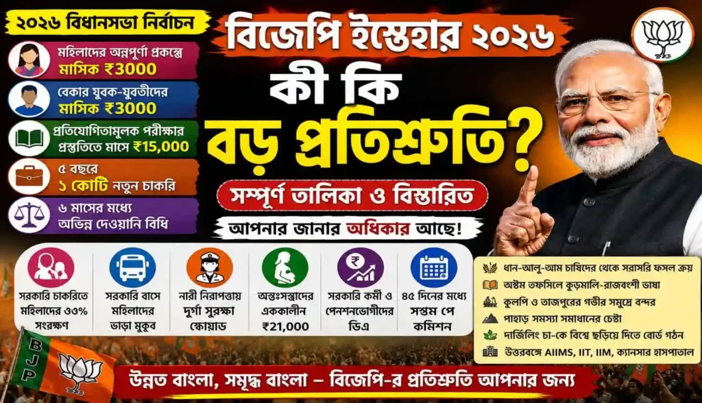 BJP Manifesto 2026 : ২০২৬ বিজেপি ইস্তেহার: মহিলাদের ₹৩০০০ ভাতা, ১ কোটি চাকরি, সপ্তম পে কমিশন সহ বড় প্রতিশ্রুতির পূর্ণ তালিকা 1 BJP Manifesto 2026 : ২০২৬ বিজেপি ইস্তেহার: মহিলাদের ₹৩০০০ ভাতা, ১ কোটি চাকরি, সপ্তম পে কমিশন সহ বড় প্রতিশ্রুতির পূর্ণ তালিকা WB SAIN BLOG