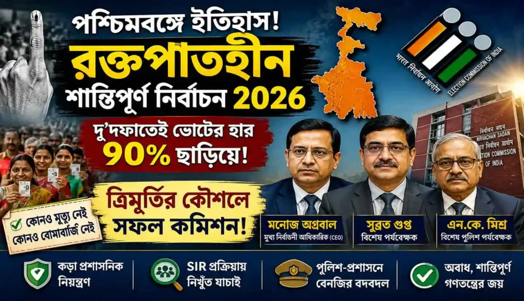 West Bengal Peaceful Election 2026 : পশ্চিমবঙ্গে শান্তিপূর্ণ ভোট ২০২৬: ‘ত্রিমূর্তি’র কৌশলে রক্তপাতহীন নির্বাচন সফল কমিশন 1 West Bengal Peaceful Election 2026 : পশ্চিমবঙ্গে শান্তিপূর্ণ ভোট ২০২৬: ‘ত্রিমূর্তি’র কৌশলে রক্তপাতহীন নির্বাচন সফল কমিশন WB SAIN BLOG